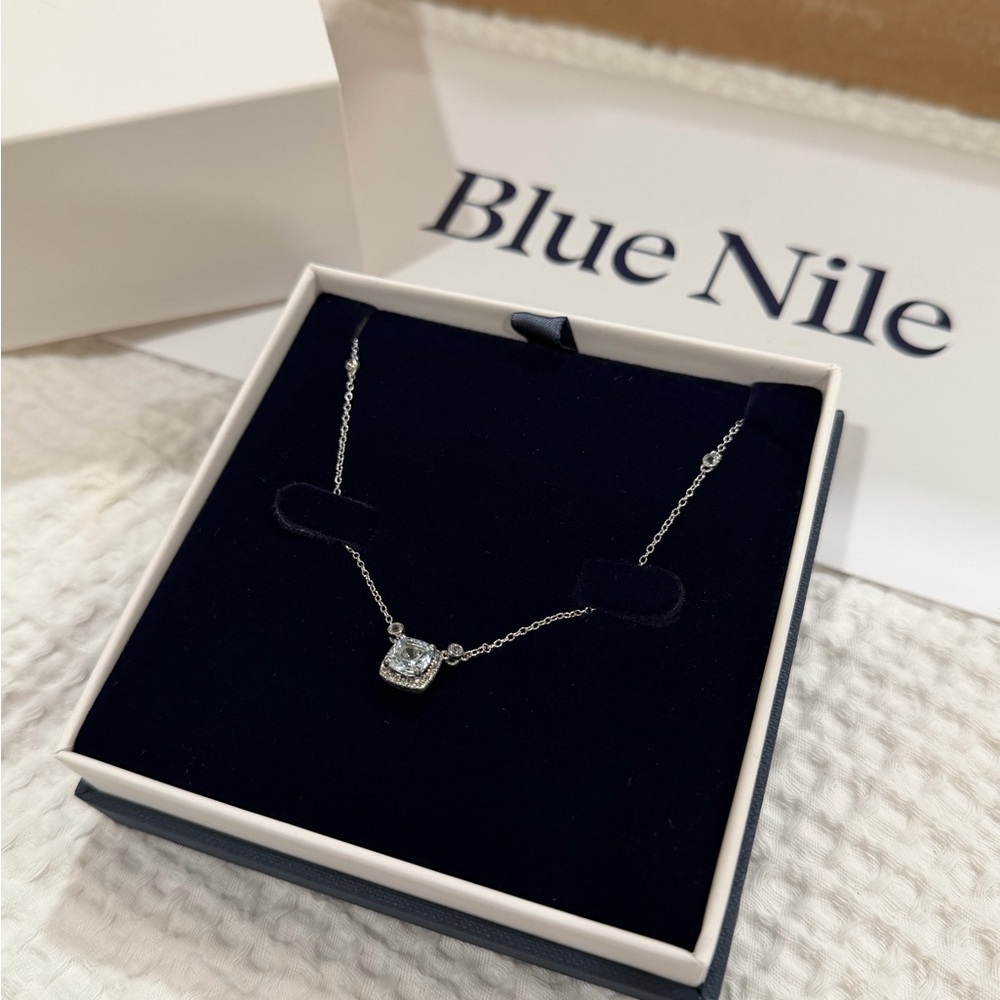 Blue Nile 6mm cushion white topaz halo pendant - Picture 3 of 6